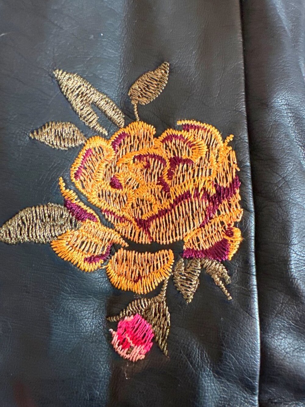 Hippie Laundry Large Black Faux Leather Moto Jacket Floral Embroidered Boho Edgy - Picture 8 of 15